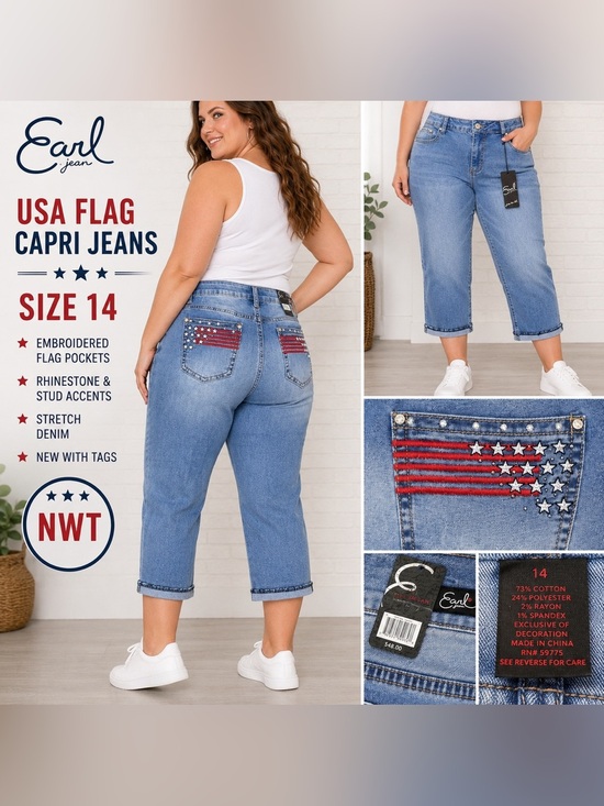 Earl Jeans Denim - Earl Jeans USA Flag Embroidered Capri Jeans NWT Size 14 Patriotic Denim
